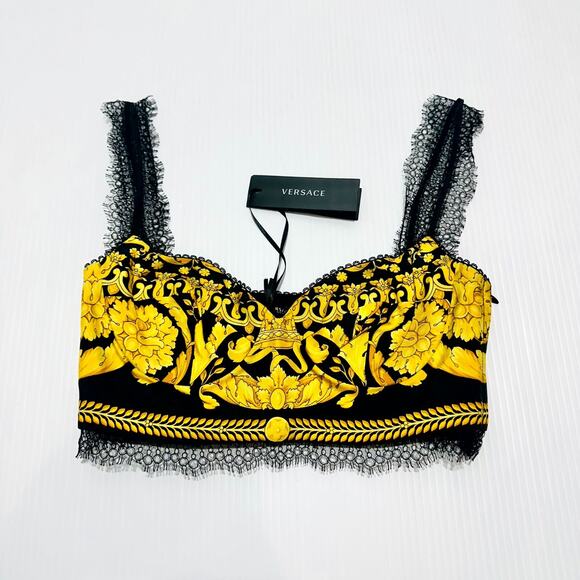 NWT Versace Silk Bralette Crop Top 38 US 2 XS Black Barocco Lace-Trimmed $1,190 - Picture 5 of 13